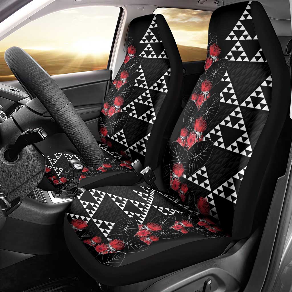 Hawaiian White Kakau Art Tattoo-Ohia Lehua and Taro Leaves Car Seat Cover LT03 - Polynesian Pride