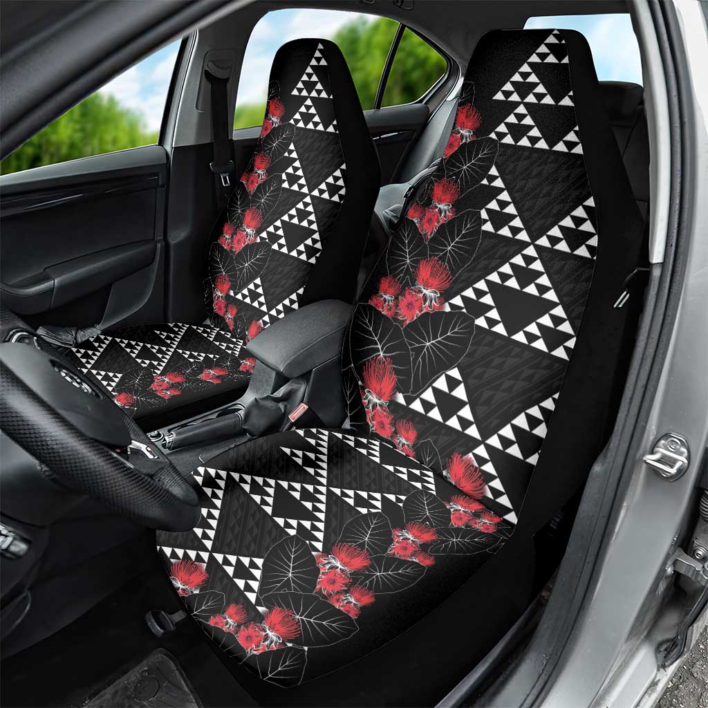 Hawaiian White Kakau Art Tattoo-Ohia Lehua and Taro Leaves Car Seat Cover LT03 - Polynesian Pride