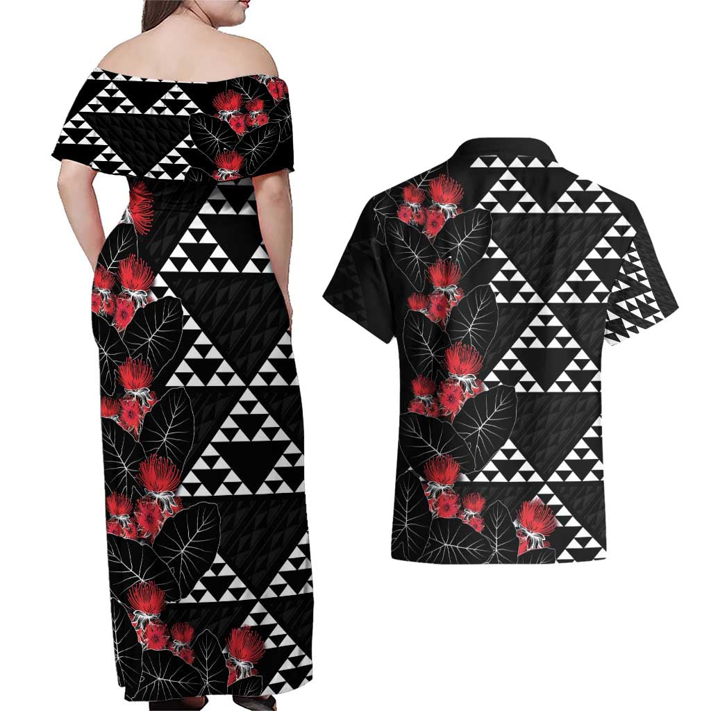 Hawaiian White Kakau Art Tattoo-Ohia Lehua and Taro Leaves Couples Matching Off Shoulder Maxi Dress and Hawaiian Shirt