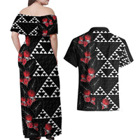 Hawaiian White Kakau Art Tattoo-Ohia Lehua and Taro Leaves Couples Matching Off Shoulder Maxi Dress and Hawaiian Shirt