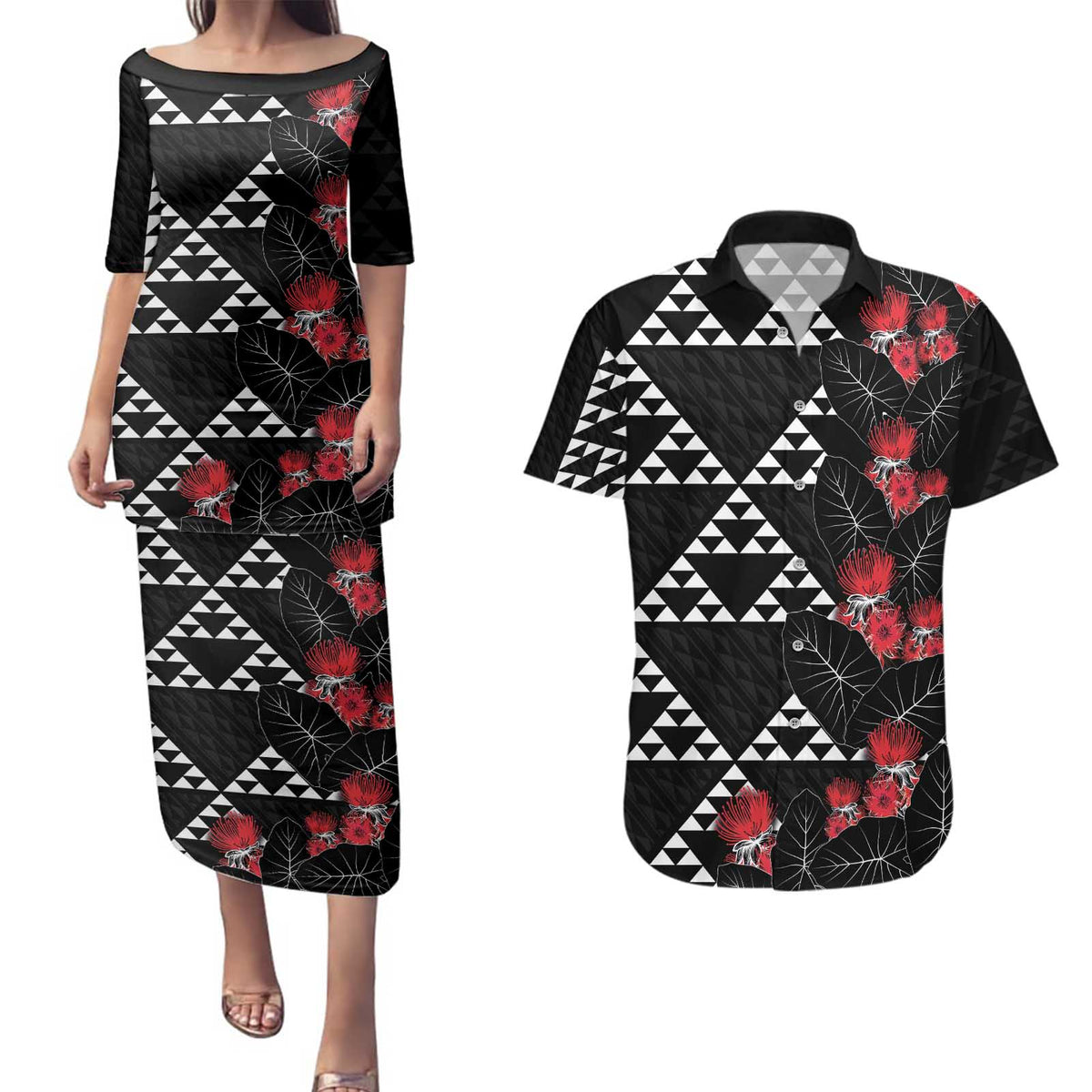 Hawaiian White Kakau Art Tattoo-Ohia Lehua and Taro Leaves Couples Matching Puletasi and Hawaiian Shirt LT03 Black-White - Polynesian Pride