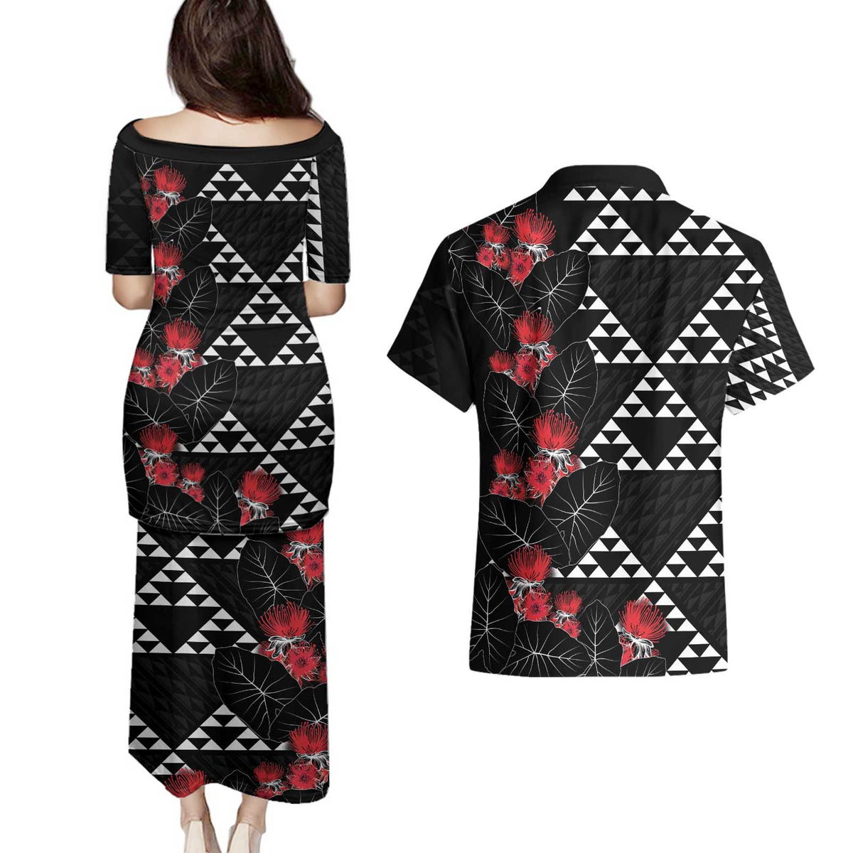 Hawaiian White Kakau Art Tattoo-Ohia Lehua and Taro Leaves Couples Matching Puletasi and Hawaiian Shirt LT03 - Polynesian Pride