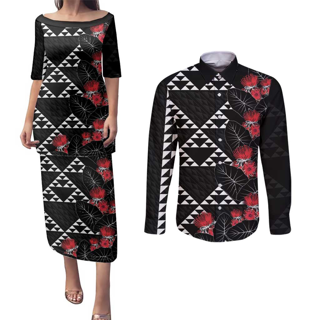 Hawaiian White Kakau Art Tattoo-Ohia Lehua and Taro Leaves Couples Matching Puletasi and Long Sleeve Button Shirt LT03 Black-White - Polynesian Pride