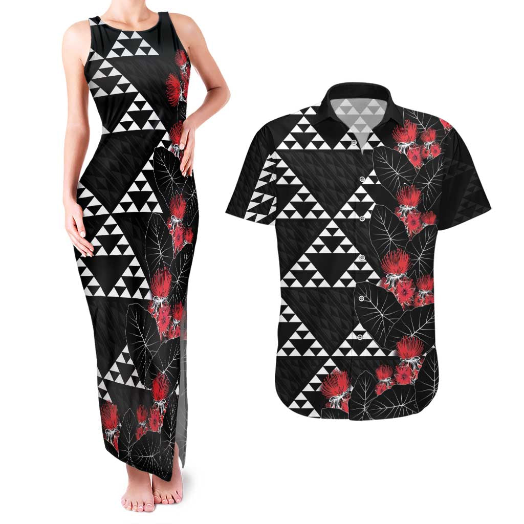 Hawaiian White Kakau Art Tattoo-Ohia Lehua and Taro Leaves Couples Matching Tank Maxi Dress and Hawaiian Shirt