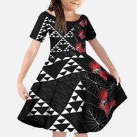 Hawaiian White Kakau Art Tattoo-Ohia Lehua and Taro Leaves Family Matching Mermaid Dress and Hawaiian Shirt LT03 Daughter's Dress Black-White - Polynesian Pride