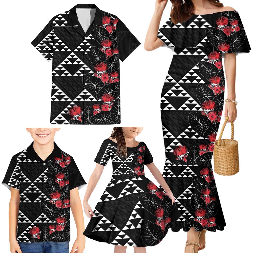 Hawaiian White Kakau Art Tattoo-Ohia Lehua and Taro Leaves Family Matching Mermaid Dress and Hawaiian Shirt LT03 - Polynesian Pride