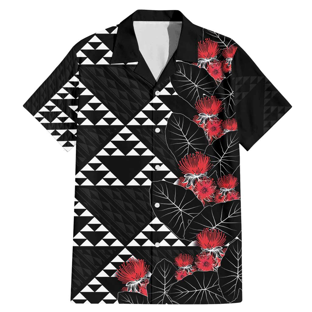 Hawaiian White Kakau Art Tattoo-Ohia Lehua and Taro Leaves Family Matching Mermaid Dress and Hawaiian Shirt LT03 Dad's Shirt - Short Sleeve Black-White - Polynesian Pride