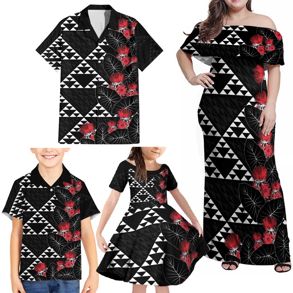 Hawaiian White Kakau Art Tattoo-Ohia Lehua and Taro Leaves Family Matching Off Shoulder Maxi Dress and Hawaiian Shirt LT03 - Polynesian Pride