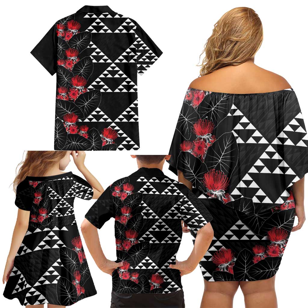 Hawaiian White Kakau Art Tattoo-Ohia Lehua and Taro Leaves Family Matching Off Shoulder Short Dress and Hawaiian Shirt