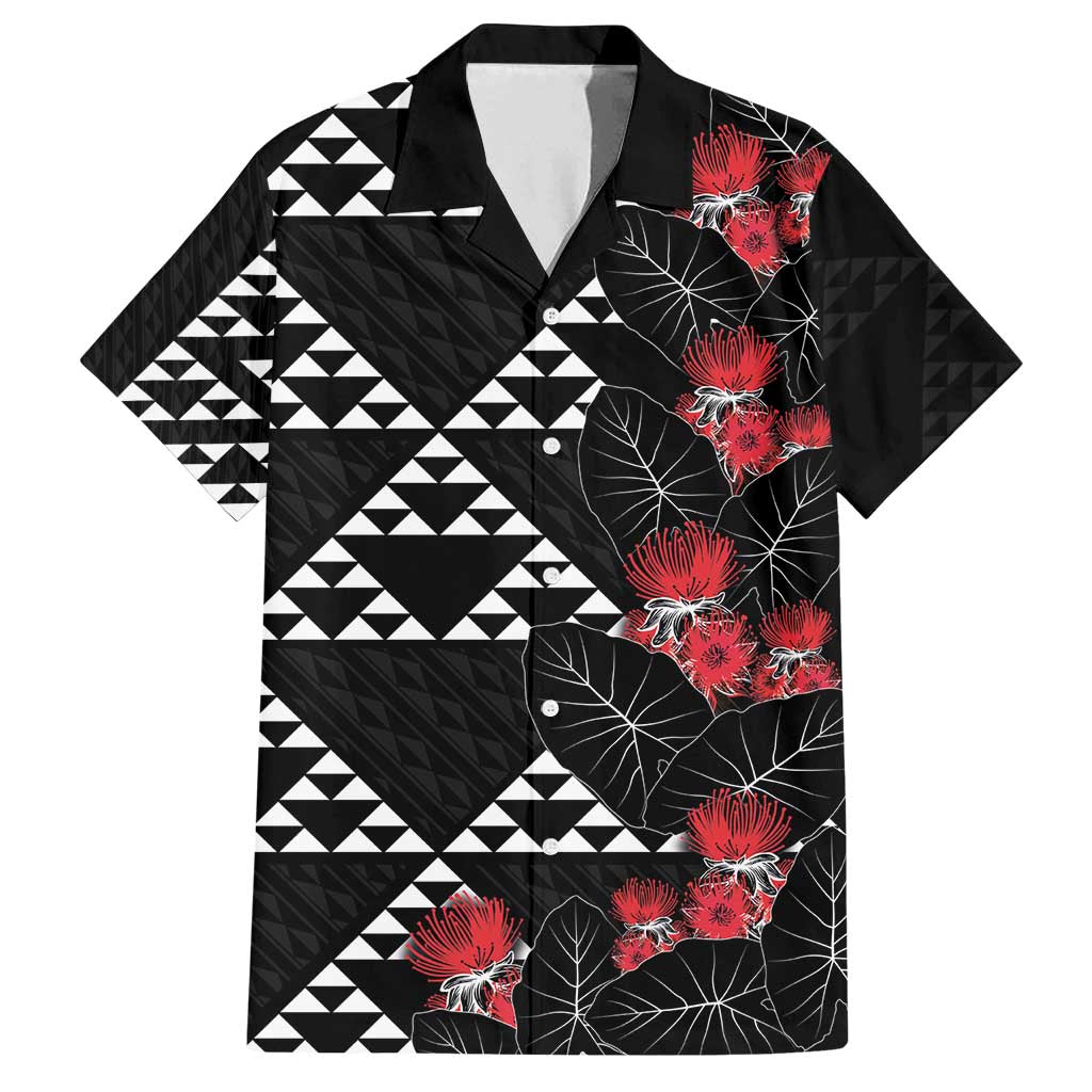 Hawaiian White Kakau Art Tattoo-Ohia Lehua and Taro Leaves Family Matching Puletasi and Hawaiian Shirt LT03 Dad's Shirt - Short Sleeve Black-White - Polynesian Pride
