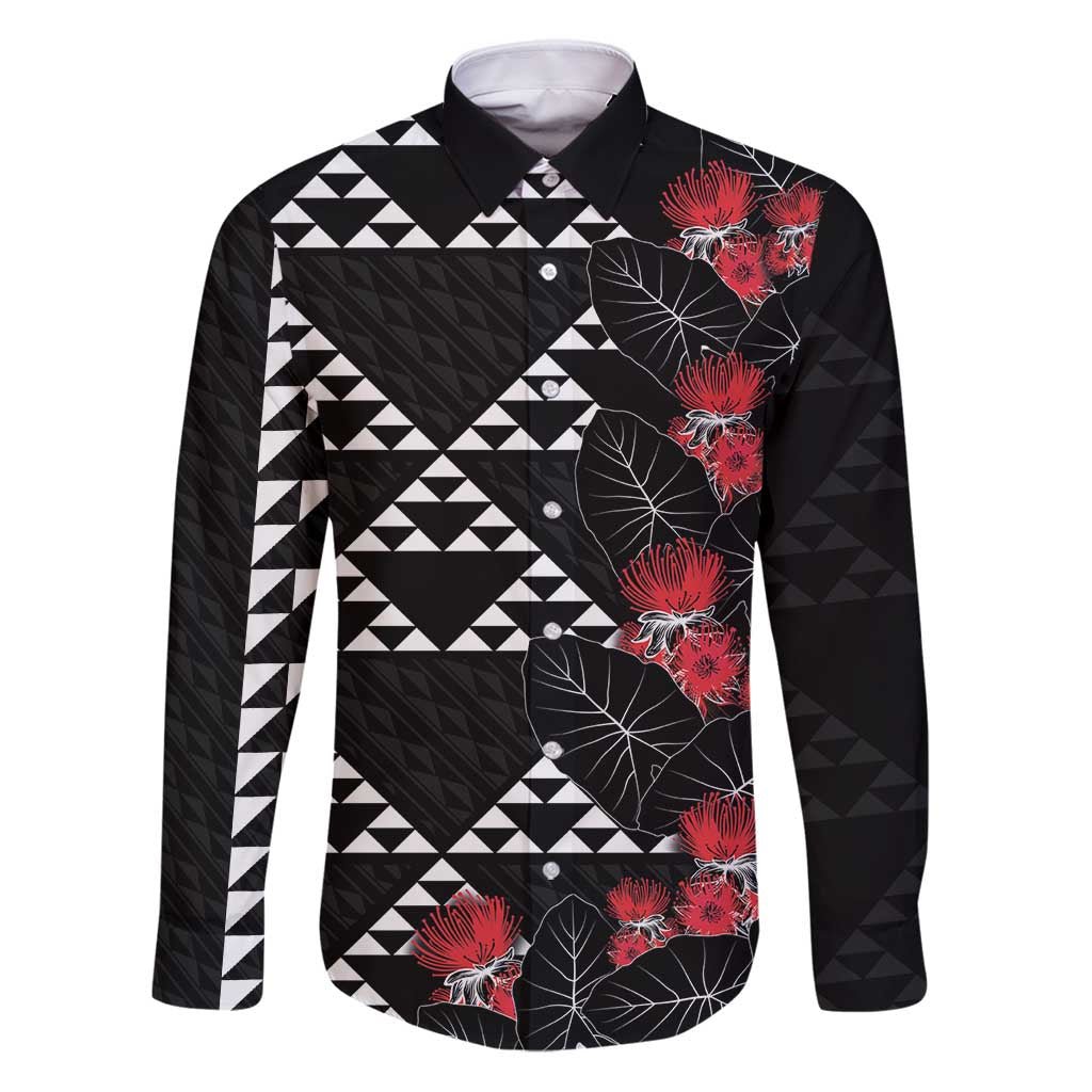 Hawaiian White Kakau Art Tattoo-Ohia Lehua and Taro Leaves Family Matching Puletasi and Hawaiian Shirt LT03 Dad's Shirt - Long Sleeve Black-White - Polynesian Pride