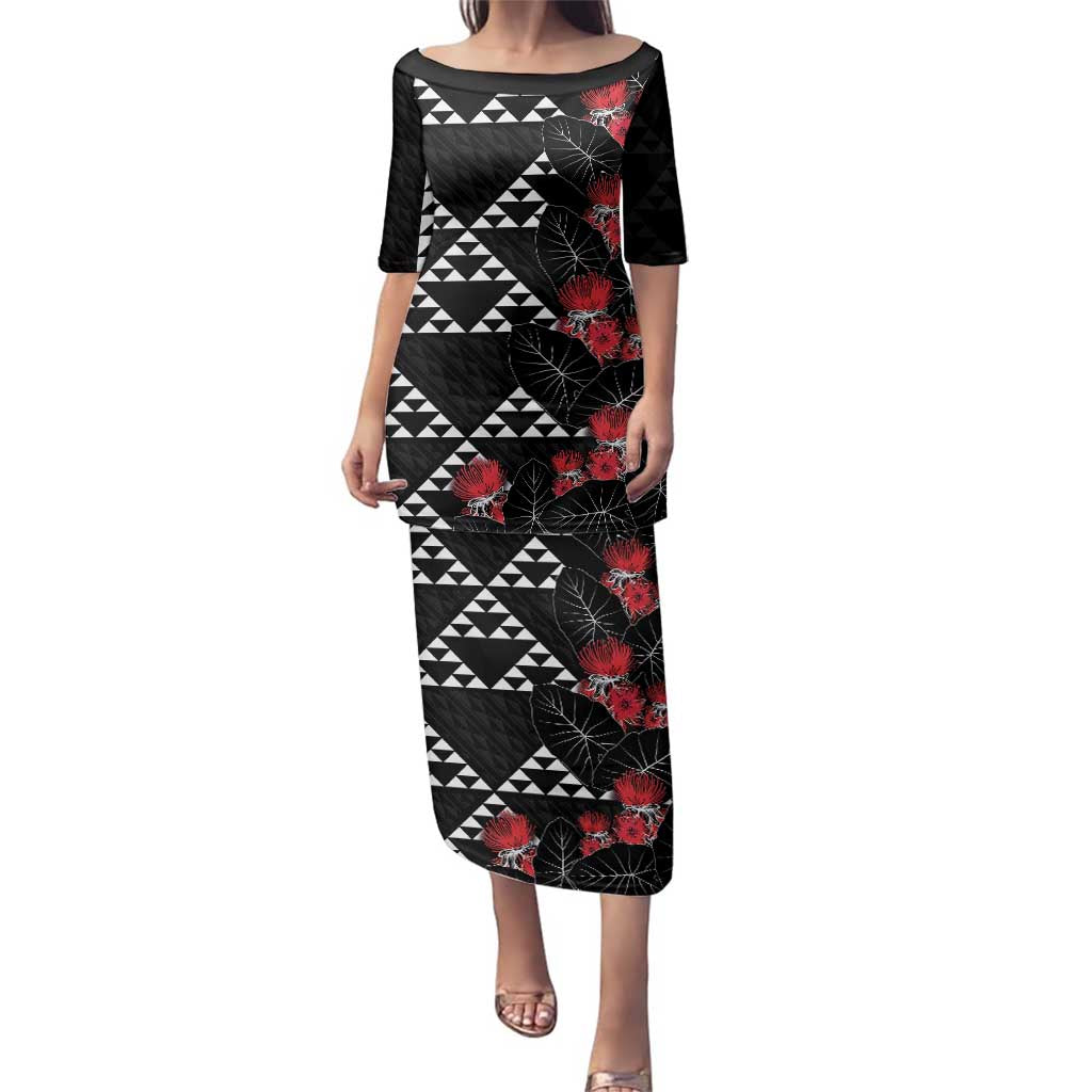 Hawaiian White Kakau Art Tattoo-Ohia Lehua and Taro Leaves Family Matching Puletasi and Hawaiian Shirt LT03 Mom's Dress Black-White - Polynesian Pride