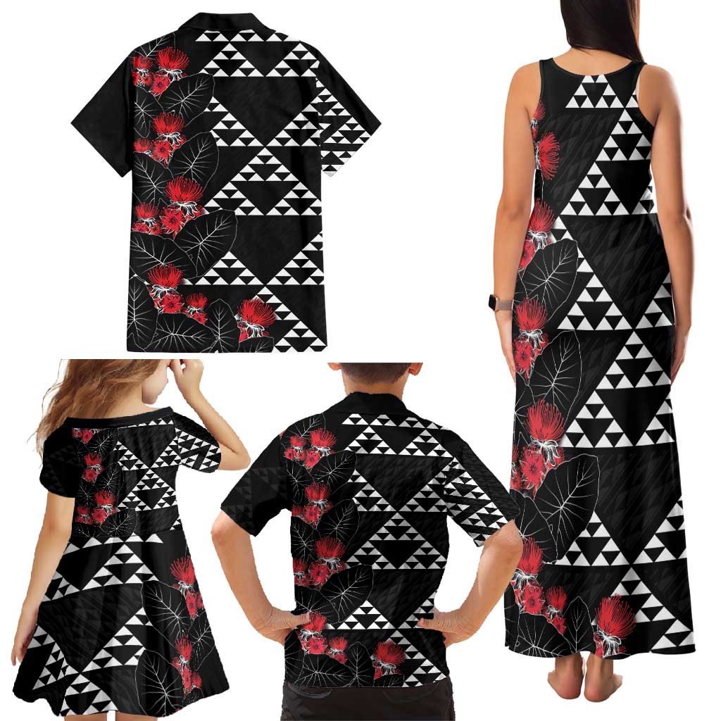 Hawaiian White Kakau Art Tattoo-Ohia Lehua and Taro Leaves Family Matching Tank Maxi Dress and Hawaiian Shirt