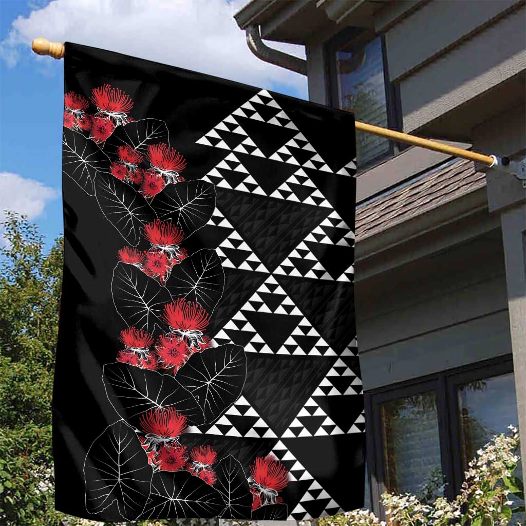 Hawaiian White Kakau Art Tattoo-Ohia Lehua and Taro Leaves Garden Flag LT03 - Polynesian Pride