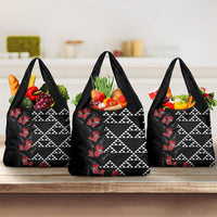Hawaiian White Kakau Art Tattoo-Ohia Lehua and Taro Leaves Grocery Bag LT03 3-pack One Size Black-White - Polynesian Pride