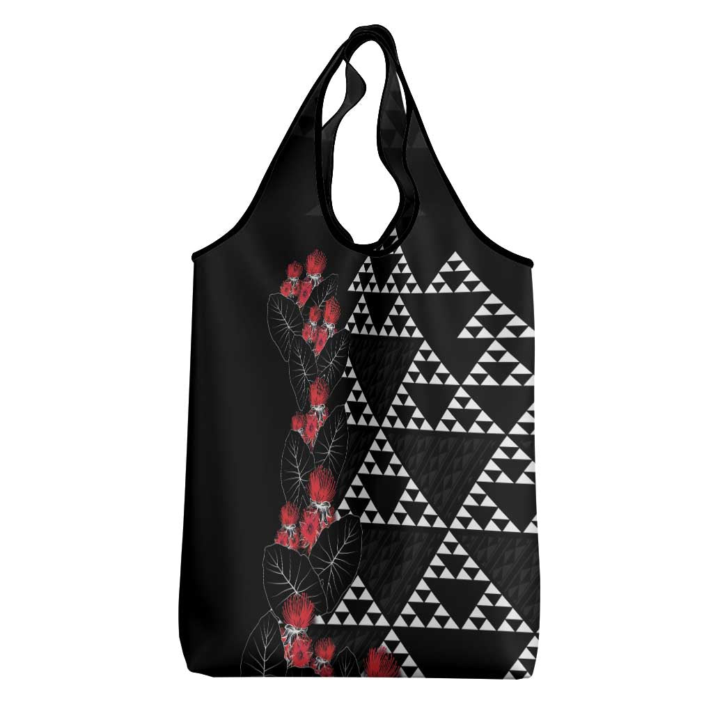 Hawaiian White Kakau Art Tattoo-Ohia Lehua and Taro Leaves Grocery Bag LT03 - Polynesian Pride