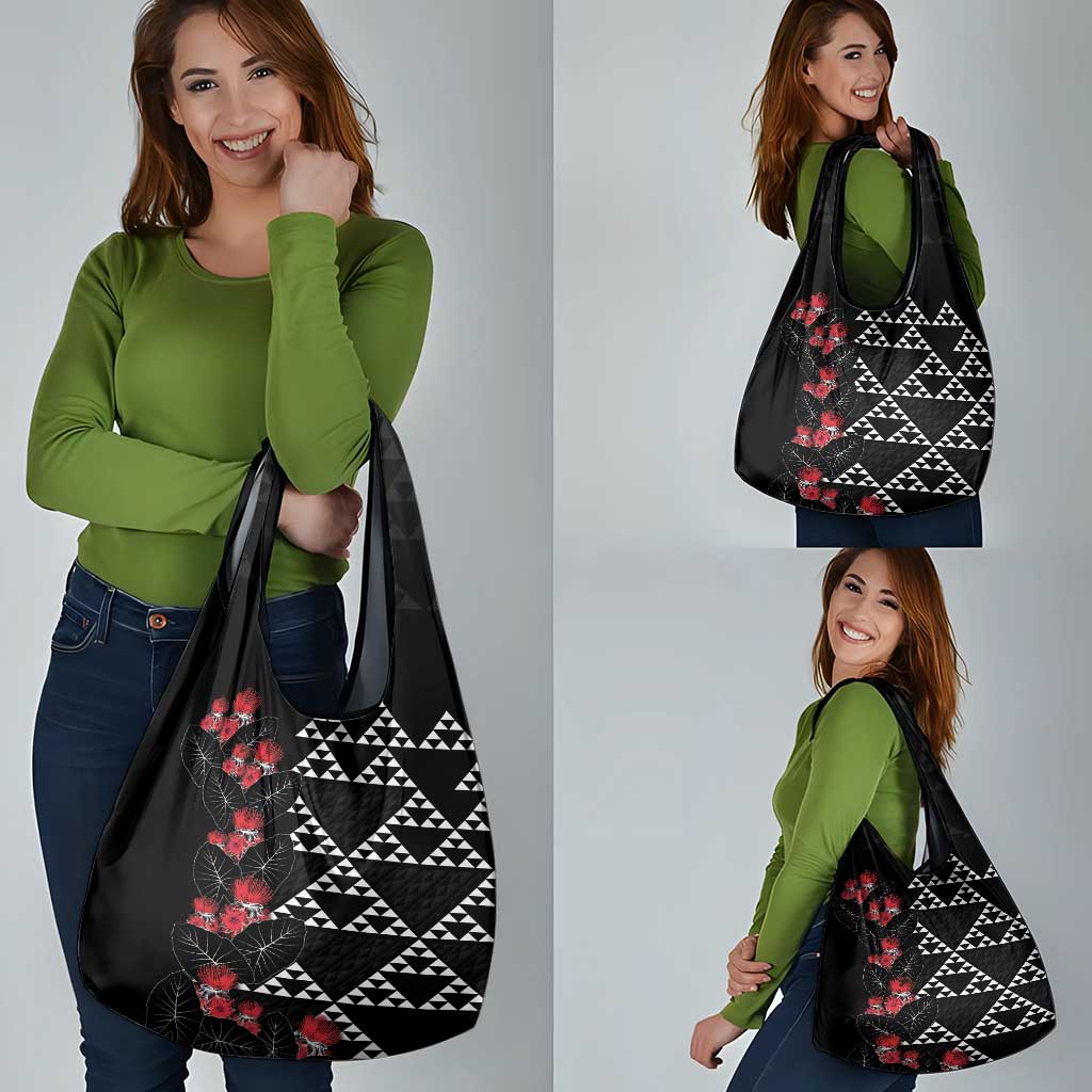 Hawaiian White Kakau Art Tattoo-Ohia Lehua and Taro Leaves Grocery Bag LT03 - Polynesian Pride