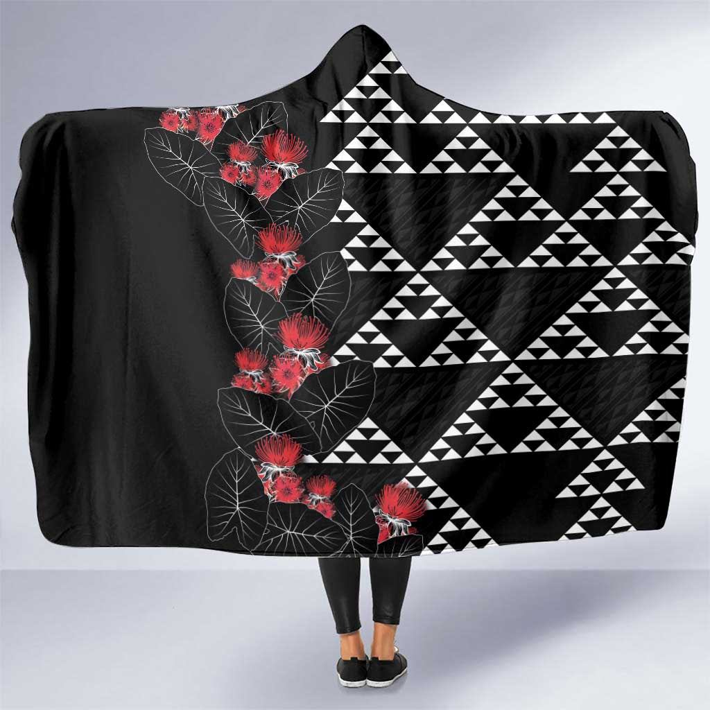 Hawaiian White Kakau Art Tattoo-Ohia Lehua and Taro Leaves Hooded Blanket LT03 One Size Black-White - Polynesian Pride