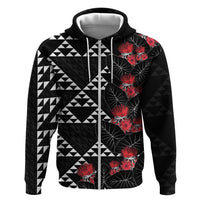 Hawaiian White Kakau Art Tattoo-Ohia Lehua and Taro Leaves Hoodie LT03 Zip Hoodie Black-White - Polynesian Pride