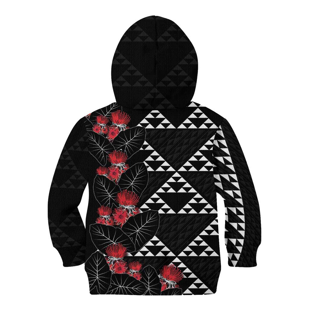 Hawaiian White Kakau Art Tattoo-Ohia Lehua and Taro Leaves Kid Hoodie LT03 - Polynesian Pride