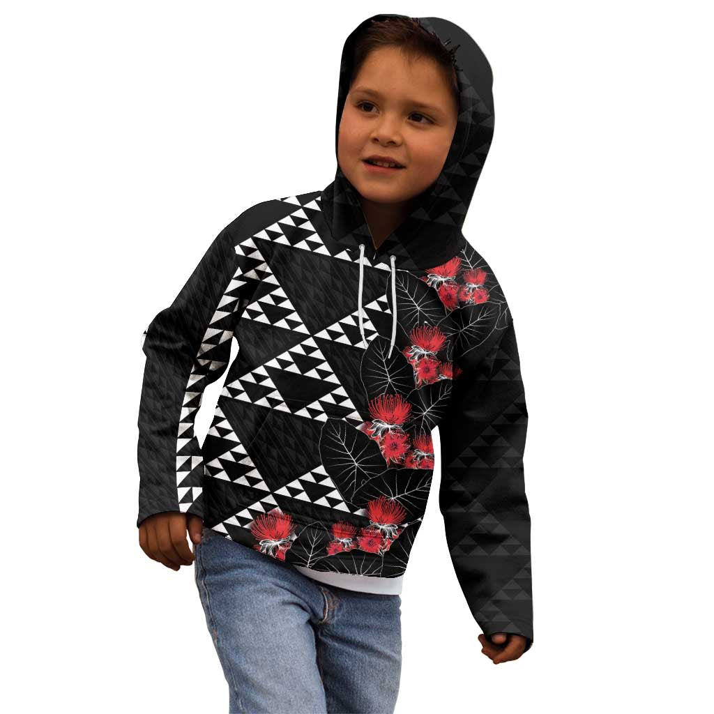 Hawaiian White Kakau Art Tattoo-Ohia Lehua and Taro Leaves Kid Hoodie LT03 - Polynesian Pride