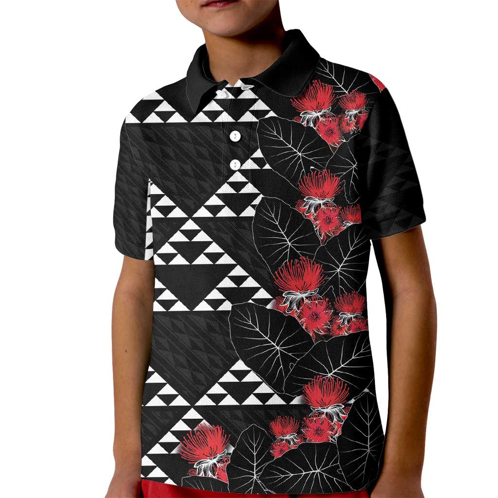 Hawaiian White Kakau Art Tattoo-Ohia Lehua and Taro Leaves Kid Polo Shirt LT03 Kid Black-White - Polynesian Pride