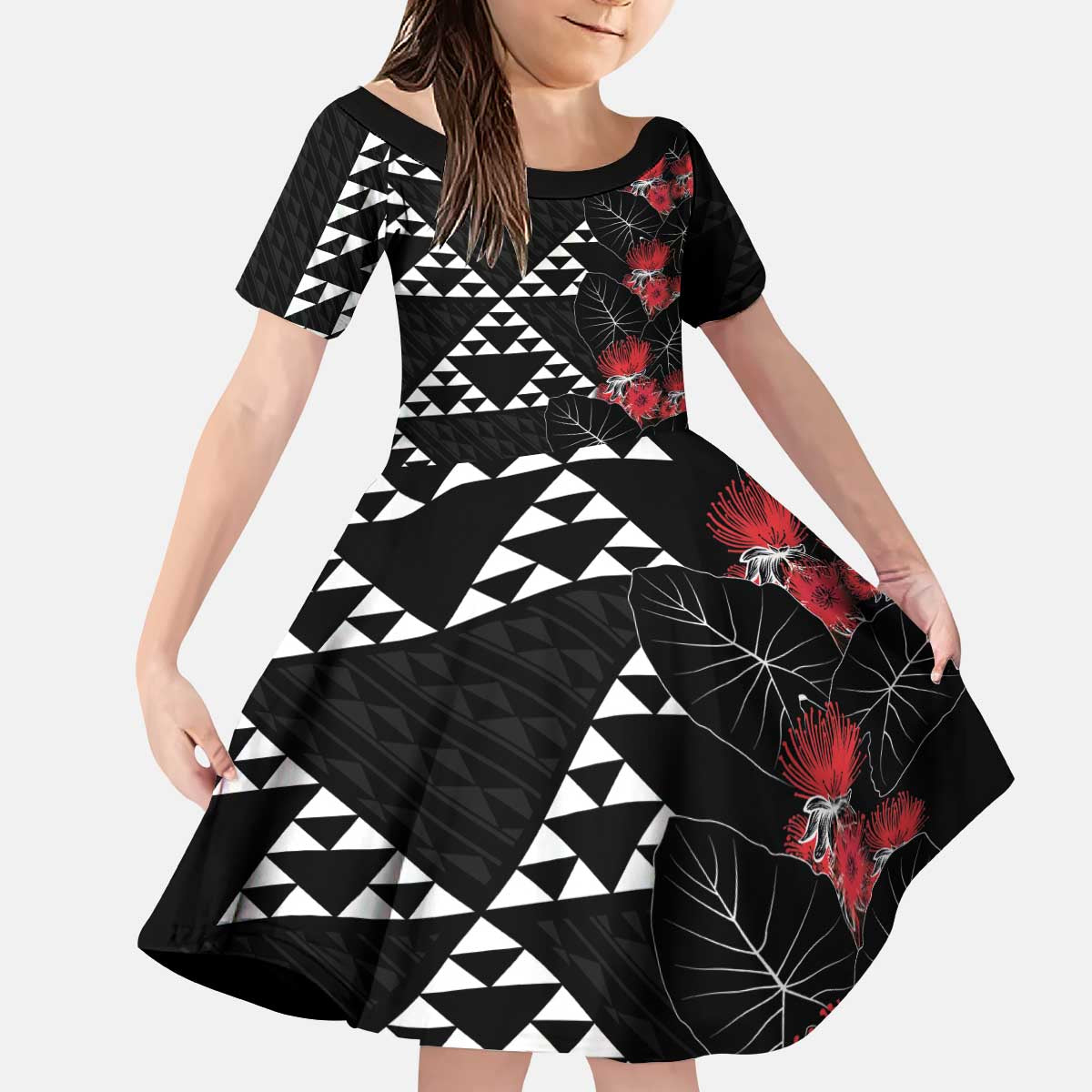 Hawaiian White Kakau Art Tattoo-Ohia Lehua and Taro Leaves Kid Short Sleeve Dress LT03 KID Black-White - Polynesian Pride