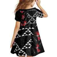 Hawaiian White Kakau Art Tattoo-Ohia Lehua and Taro Leaves Kid Short Sleeve Dress LT03 - Polynesian Pride