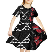 Hawaiian White Kakau Art Tattoo-Ohia Lehua and Taro Leaves Kid Short Sleeve Dress LT03 - Polynesian Pride
