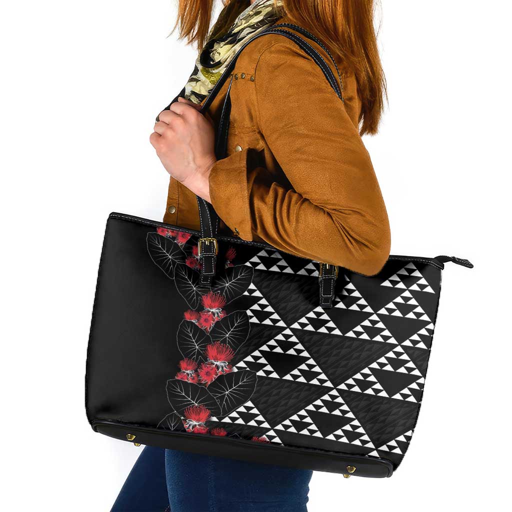 Hawaiian White Kakau Art Tattoo-Ohia Lehua and Taro Leaves Leather Tote Bag LT03 Black-White - Polynesian Pride