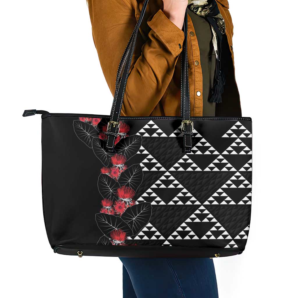 Hawaiian White Kakau Art Tattoo-Ohia Lehua and Taro Leaves Leather Tote Bag LT03 - Polynesian Pride