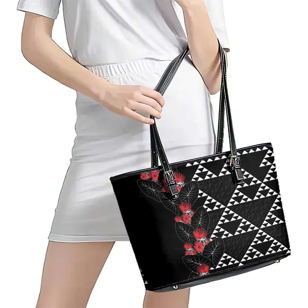 Hawaiian White Kakau Art Tattoo-Ohia Lehua and Taro Leaves Leather Tote Bag LT03 - Polynesian Pride