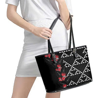 Hawaiian White Kakau Art Tattoo-Ohia Lehua and Taro Leaves Leather Tote Bag LT03 - Polynesian Pride