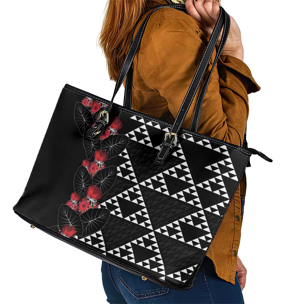 Hawaiian White Kakau Art Tattoo-Ohia Lehua and Taro Leaves Leather Tote Bag LT03 - Polynesian Pride