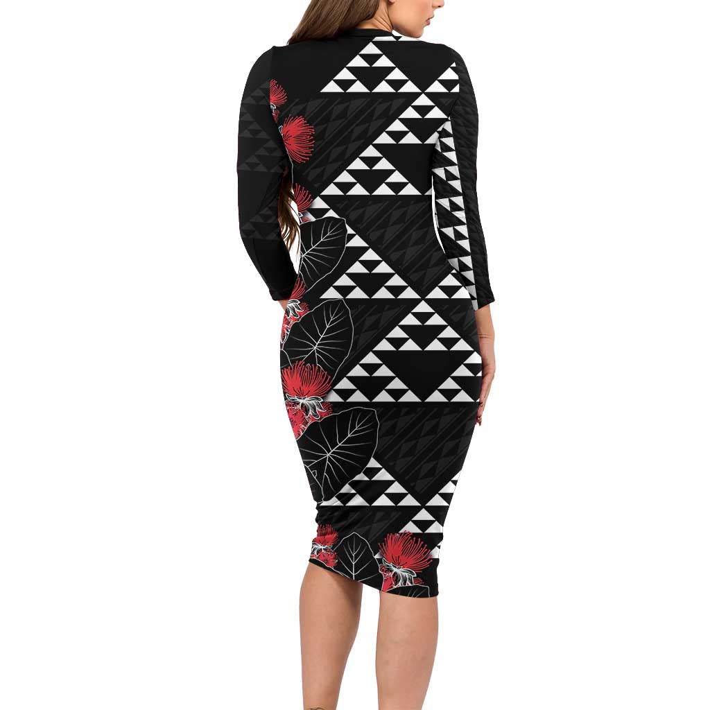 Hawaiian White Kakau Art Tattoo-Ohia Lehua and Taro Leaves Long Sleeve Bodycon Dress LT03 - Polynesian Pride