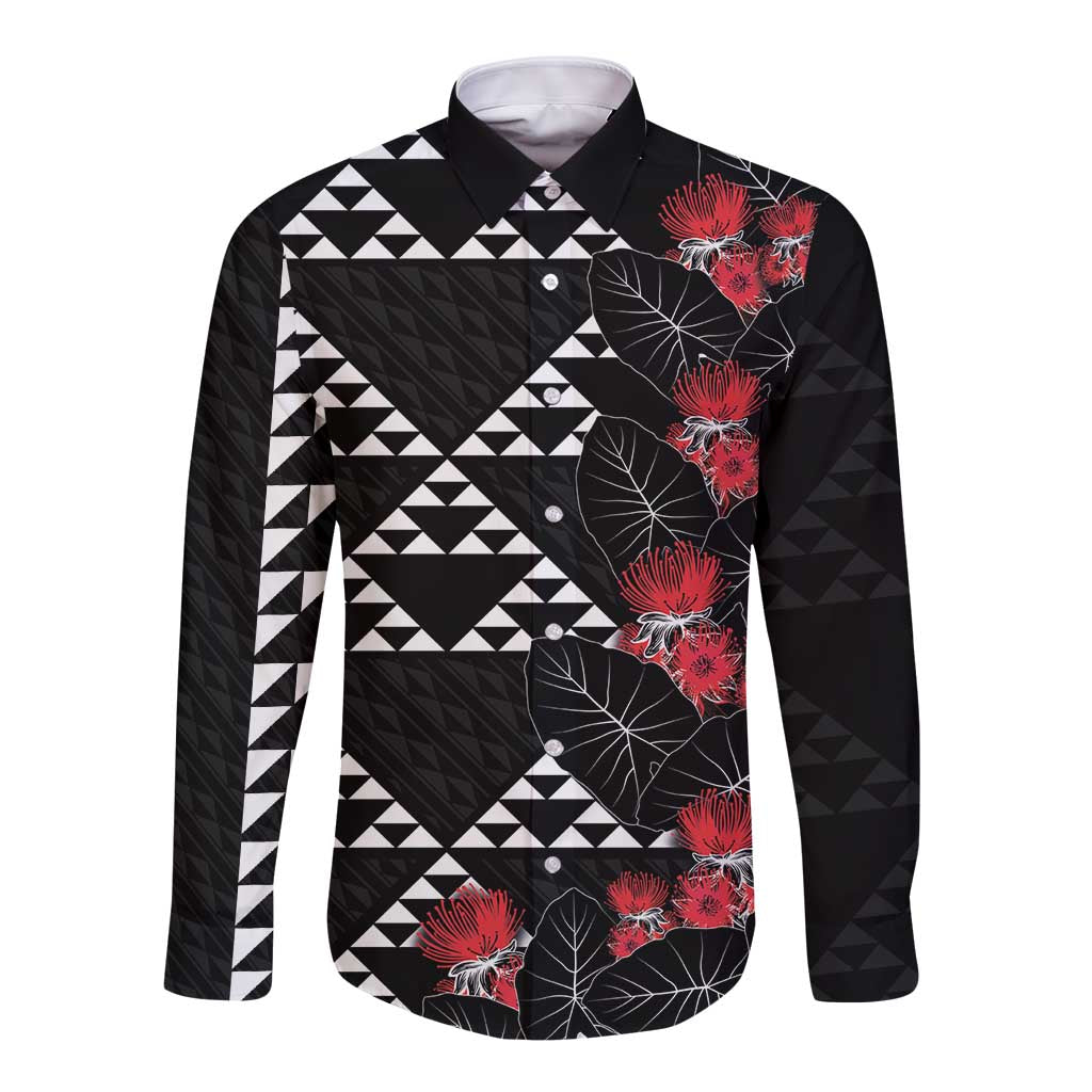 Hawaiian White Kakau Art Tattoo-Ohia Lehua and Taro Leaves Long Sleeve Button Shirt LT03 Unisex Black-White - Polynesian Pride