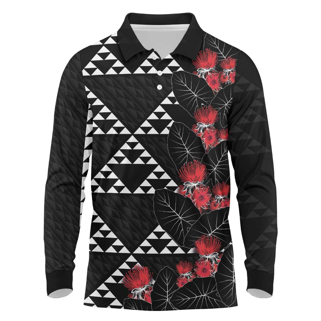 Hawaiian White Kakau Art Tattoo-Ohia Lehua and Taro Leaves Long Sleeve Polo Shirt LT03 Black-White - Polynesian Pride