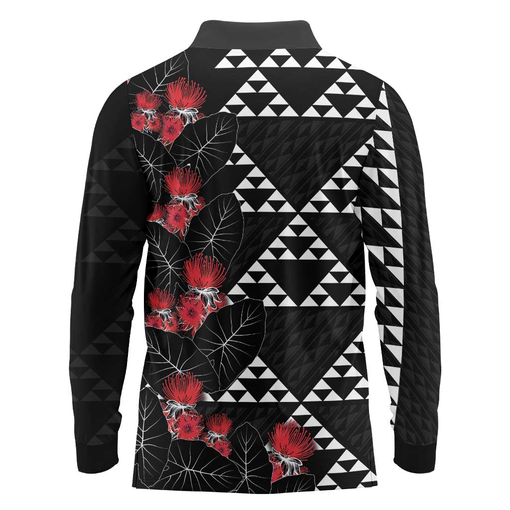 Hawaiian White Kakau Art Tattoo-Ohia Lehua and Taro Leaves Long Sleeve Polo Shirt LT03 - Polynesian Pride
