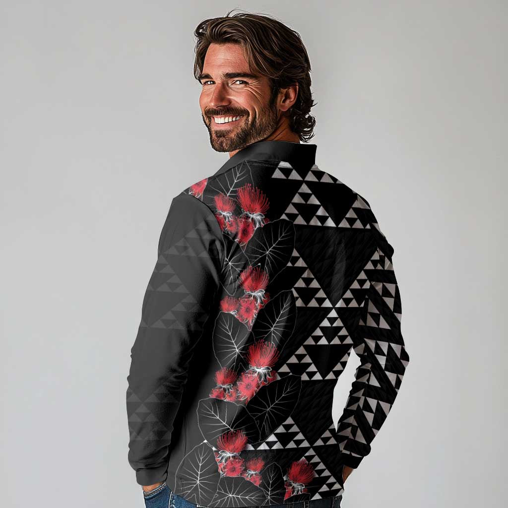 Hawaiian White Kakau Art Tattoo-Ohia Lehua and Taro Leaves Long Sleeve Polo Shirt LT03 - Polynesian Pride