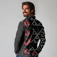 Hawaiian White Kakau Art Tattoo-Ohia Lehua and Taro Leaves Long Sleeve Polo Shirt LT03 - Polynesian Pride