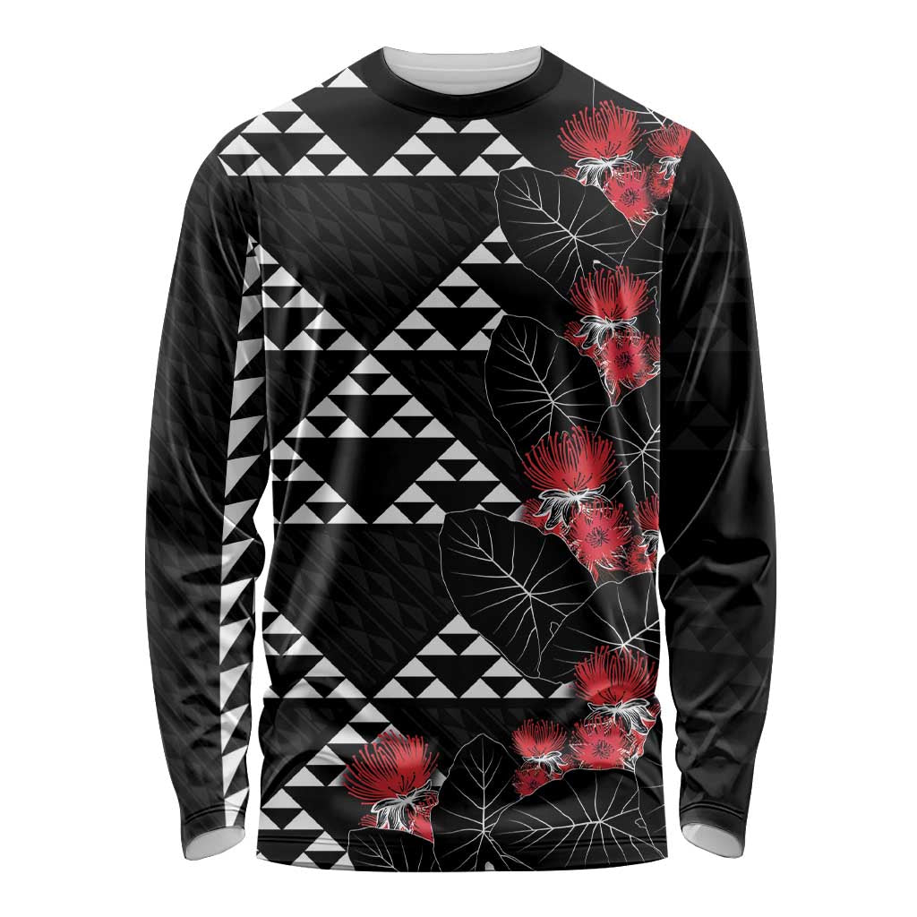 Hawaiian White Kakau Art Tattoo-Ohia Lehua and Taro Leaves Long Sleeve Shirt LT03 Unisex Black-White - Polynesian Pride
