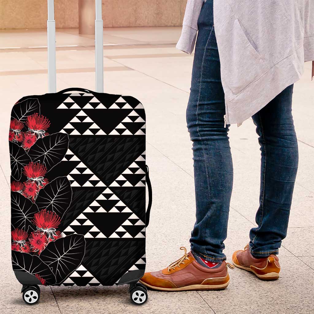 Hawaiian White Kakau Art Tattoo-Ohia Lehua and Taro Leaves Luggage Cover LT03 Black-White - Polynesian Pride