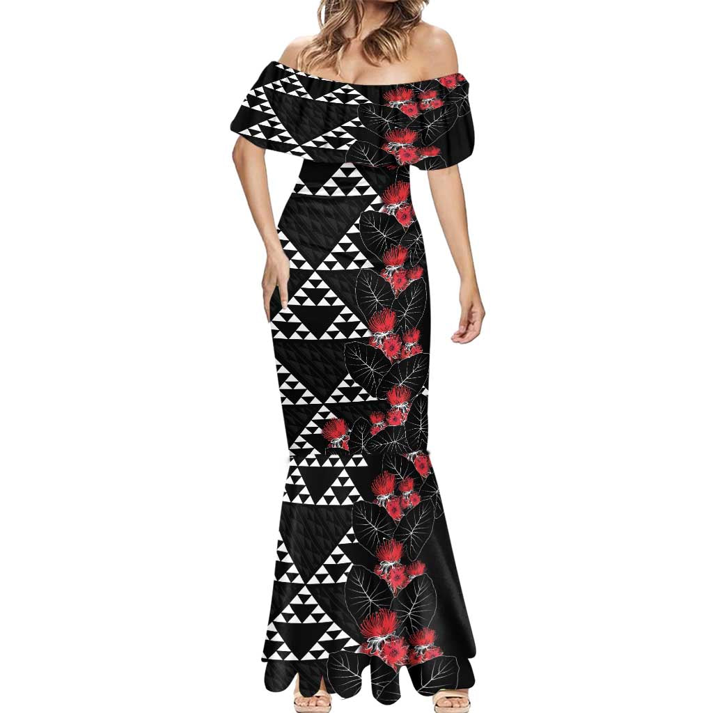 Hawaiian White Kakau Art Tattoo-Ohia Lehua and Taro Leaves Mermaid Dress LT03 - Polynesian Pride