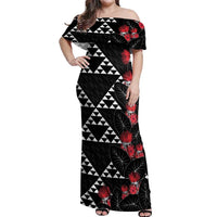 Hawaiian White Kakau Art Tattoo-Ohia Lehua and Taro Leaves Off Shoulder Maxi Dress LT03 Women Black-White - Polynesian Pride