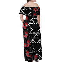 Hawaiian White Kakau Art Tattoo-Ohia Lehua and Taro Leaves Off Shoulder Maxi Dress LT03 - Polynesian Pride