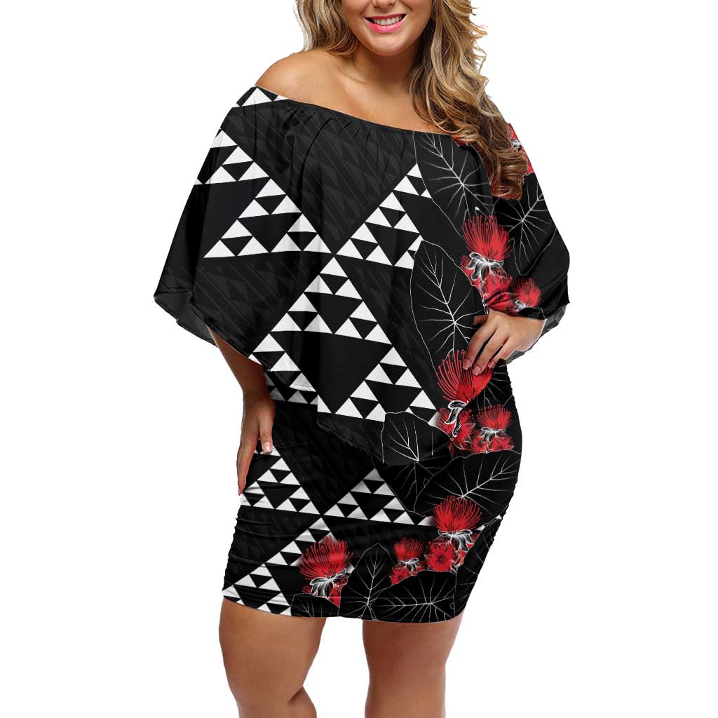 Hawaiian White Kakau Art Tattoo-Ohia Lehua and Taro Leaves Off Shoulder Short Dress LT03 Women Black-White - Polynesian Pride