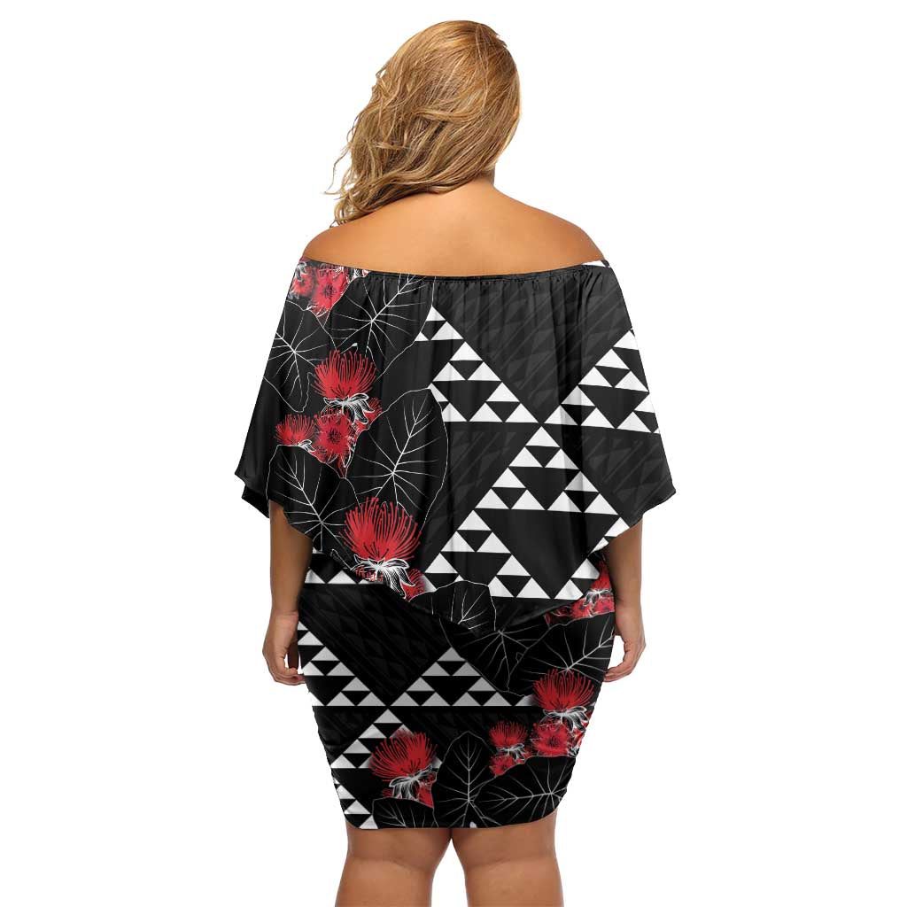 Hawaiian White Kakau Art Tattoo-Ohia Lehua and Taro Leaves Off Shoulder Short Dress LT03 - Polynesian Pride