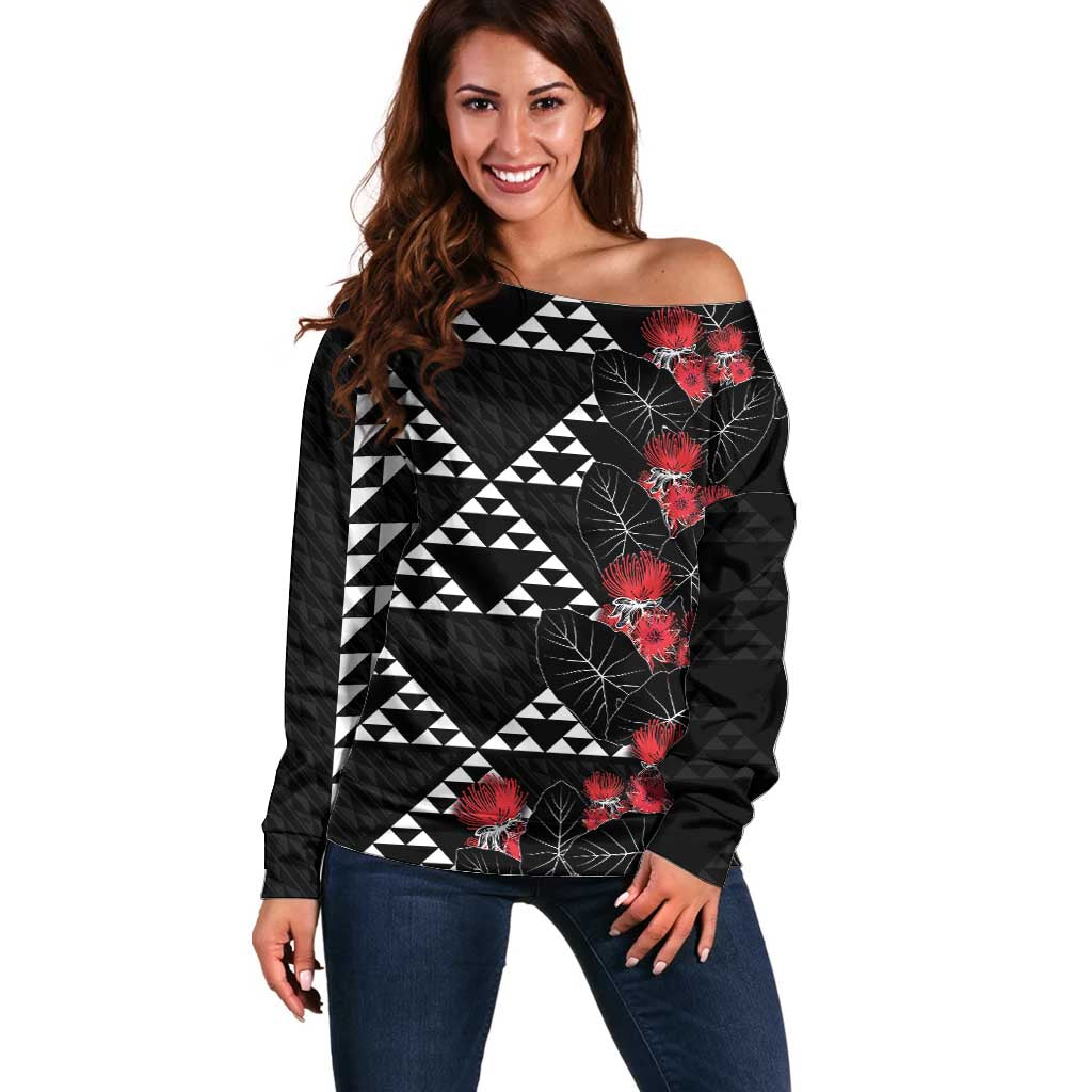 Hawaiian White Kakau Art Tattoo-Ohia Lehua and Taro Leaves Off Shoulder Sweater LT03 Women Black-White - Polynesian Pride