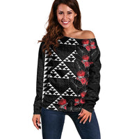 Hawaiian White Kakau Art Tattoo-Ohia Lehua and Taro Leaves Off Shoulder Sweater LT03 Women Black-White - Polynesian Pride