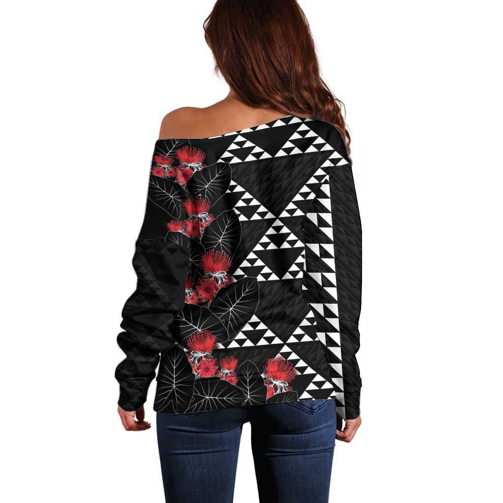 Hawaiian White Kakau Art Tattoo-Ohia Lehua and Taro Leaves Off Shoulder Sweater LT03 - Polynesian Pride